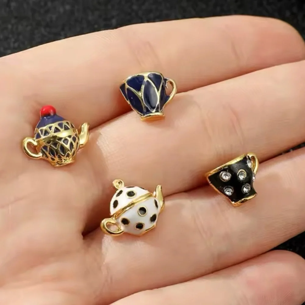 Alice In Wonderland Gold Enameled Black & White Teapot & Teacup Stud Earrings - Picture 8 of 10